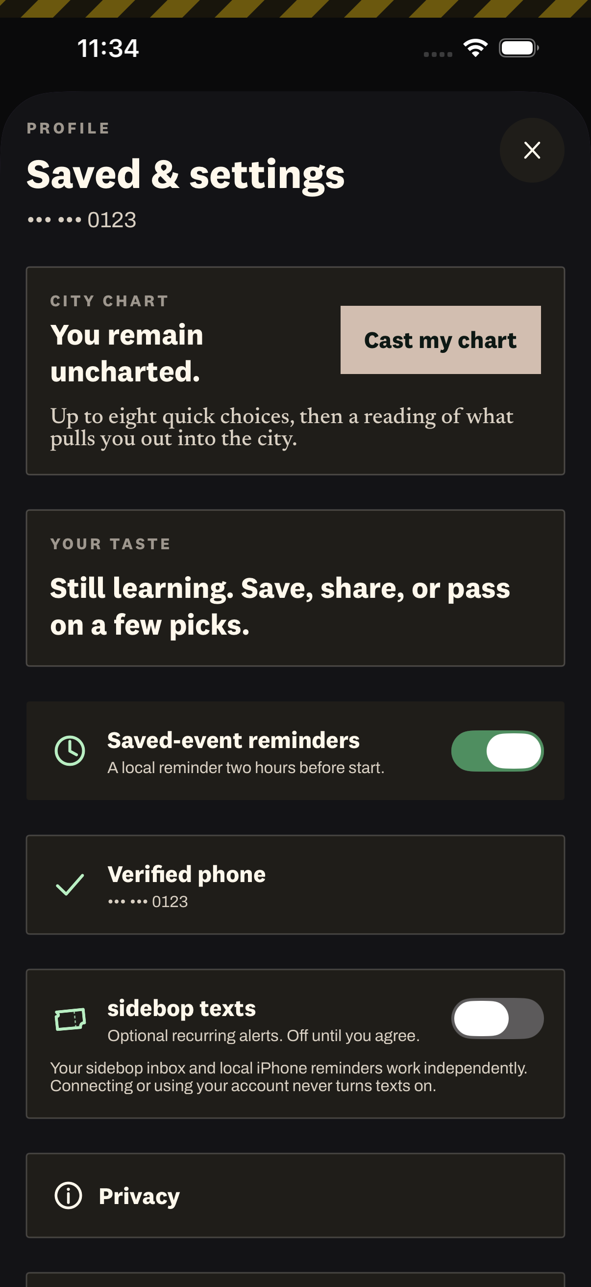 sidebop Profile screen showing sidebop texts set to Off before any recurring SMS consent is given.
