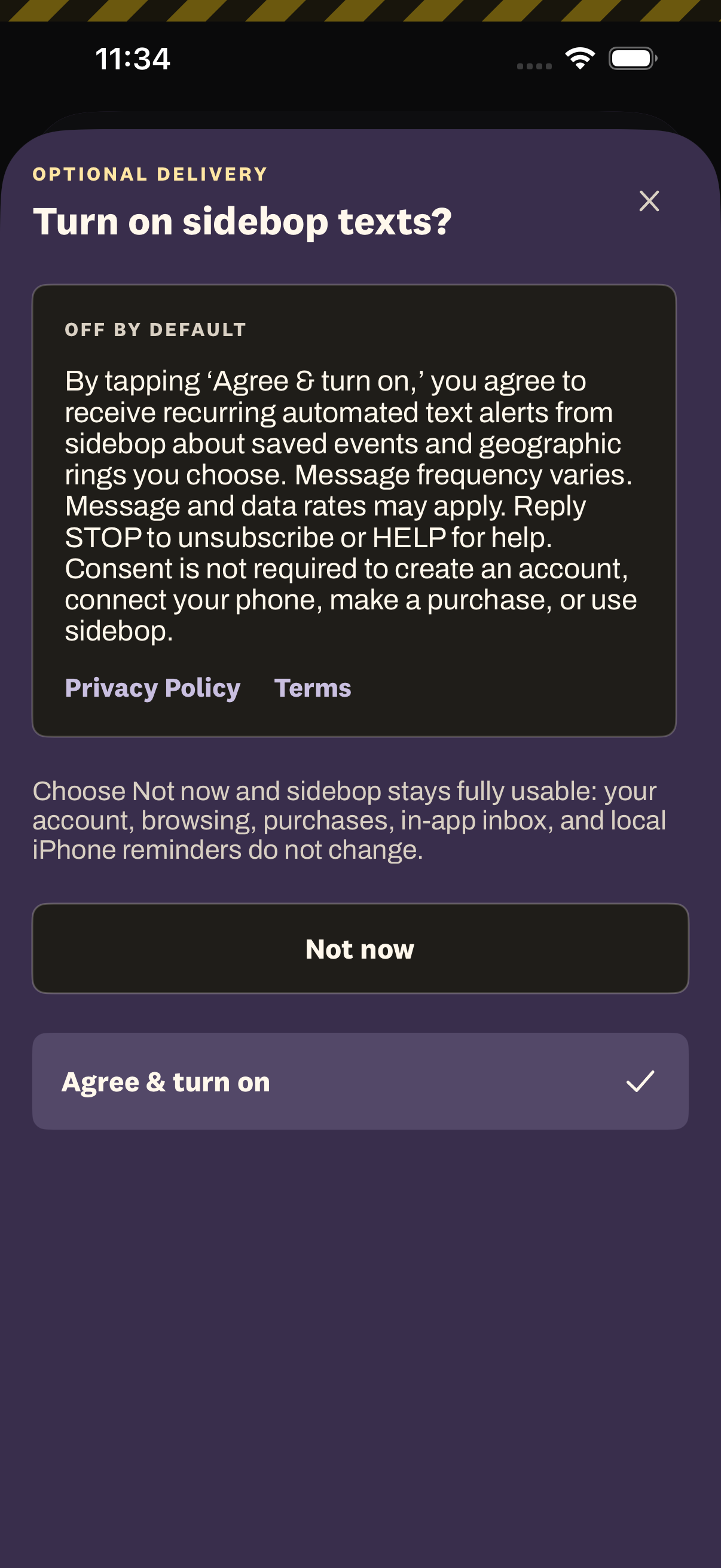 sidebop consent sheet showing the full recurring text disclosure with Not now and Agree and turn on choices.