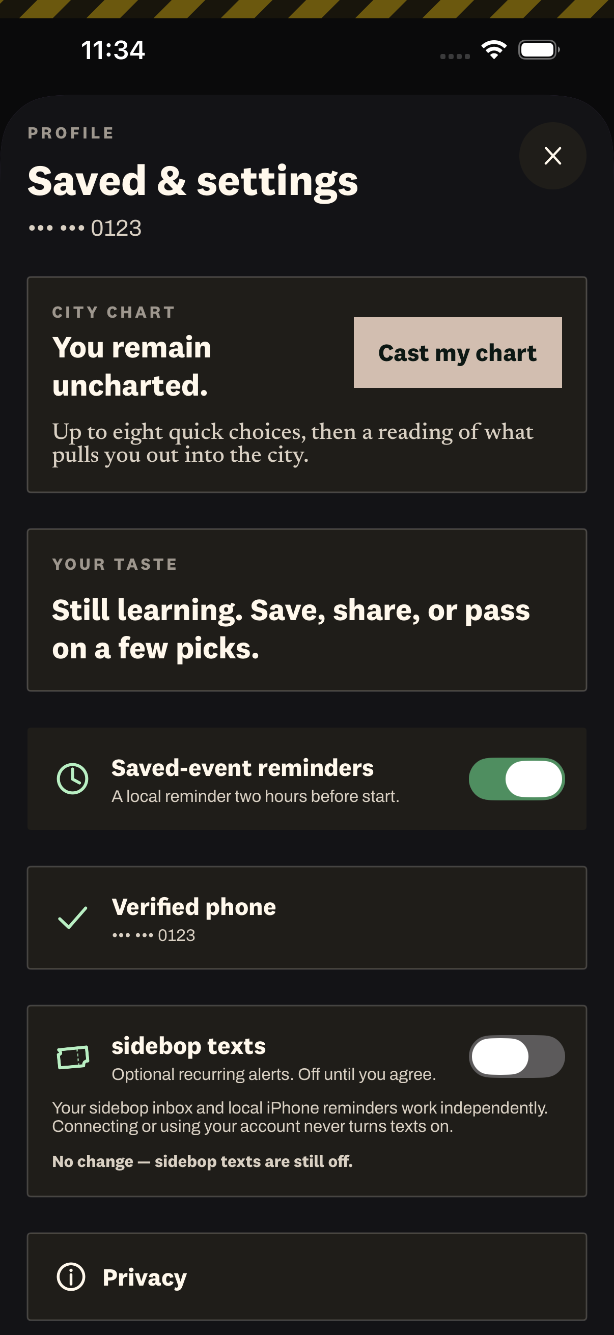 sidebop Profile screen after Not now is selected, showing sidebop texts still Off and the account still available.