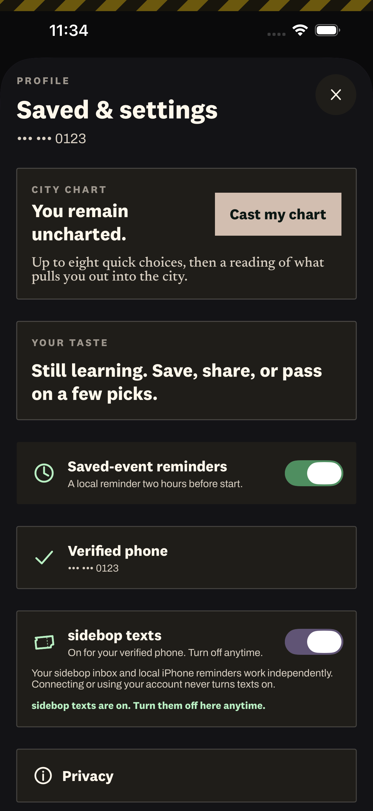 sidebop Profile screen after Agree and turn on is selected, showing sidebop texts On with a control to turn them off.