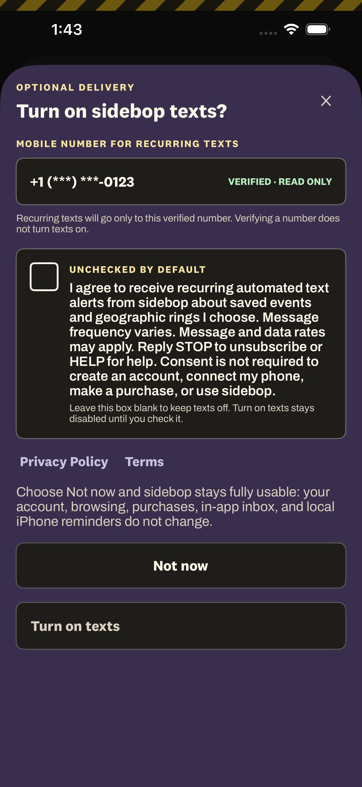 Native sidebop iOS consent form before consent, showing a masked verified mobile-number field, distinct blank SMS checkbox, and disabled Turn on texts button together.