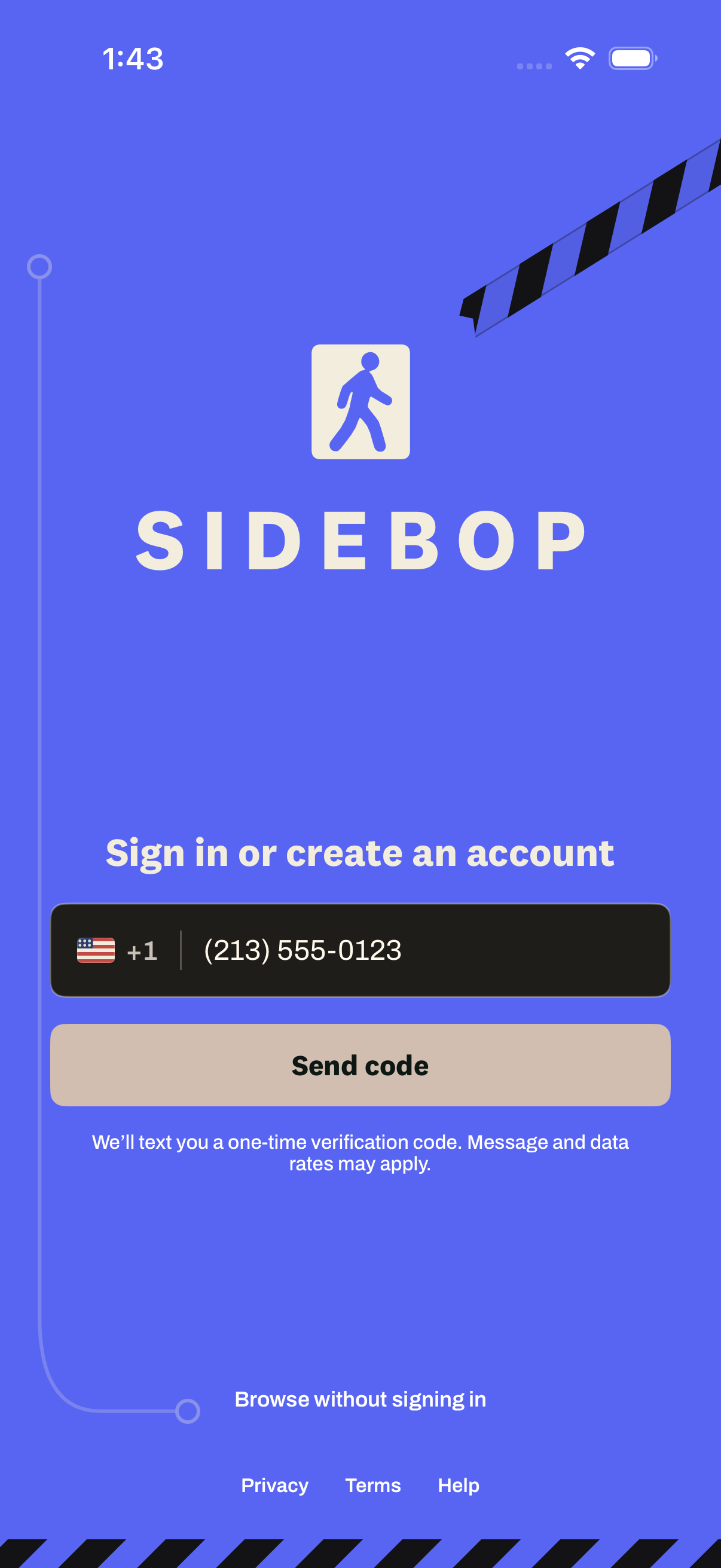 Native sidebop iOS authentication screen with a US mobile-number field containing the reserved example 213 555 0123 and one-time verification-code disclosure, with no recurring-SMS consent control.