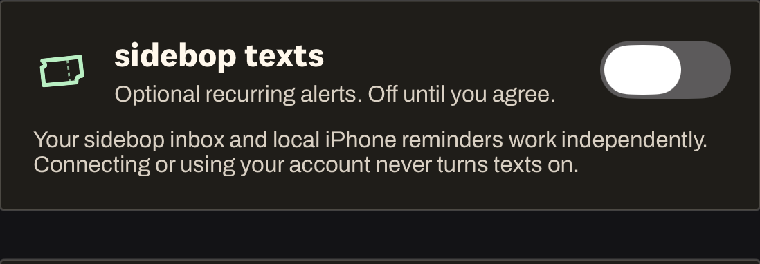 Native sidebop iOS Profile view focused only on sidebop texts set to Off before any recurring SMS consent is given.